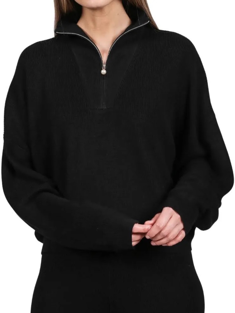Brunette the label quarter zip crop black sweater with pearl embellishment